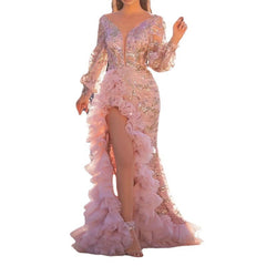 Elegant Women's Trail Sequin Pink Prom Dress – Long Mesh Evening Gown