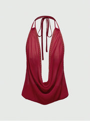 Red Women's Tiana Studded Cowl Neck Halter Top Slim Fit Solid Color Tank Top