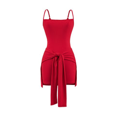 Red Women's Tie Knot Skort Romper Sleeveless Faux Wrap Belted Summer Jumpsuit