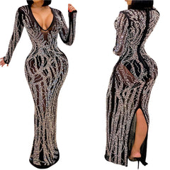 Sparkling Mesh Long-sleeved Split Dress – Perfect Diamond-studded New Year's Gown