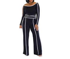 Black Plus Size Chic 2-Piece Set for Women – Long Sleeve Blouse & Wide-Leg High-Waist Pants