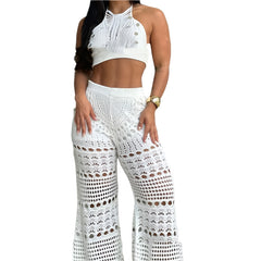 White Crossover Halter Knit Crop Top Vacation Outfit Two-Piece Loungewear