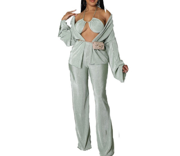 Plus Size Gray Women's 3PC Pleated Pant Outfit Stylish 3-Piece Plissé Set