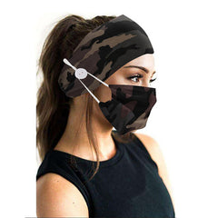Green Camo Women's Non-Slip Nurse Headbands with Buttons - Wide Fashion Elastic Ear Saver