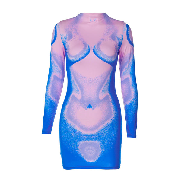 Women's Pink and Blue Elegance in Motion: Discover the Divine 3D Print Long Sleeve Siren Dress Today!