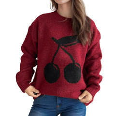 Red  Women’s Airy Soft Jacquard Crewneck Sweater – Cherry Design