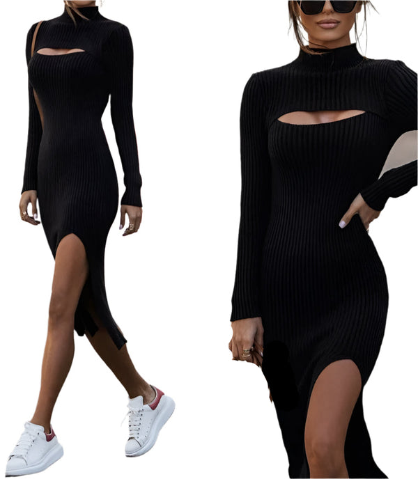 Plus Size Black Textured Draped Midi Dress for Women Slash Neck, Long Sleeves & Side Slit