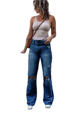 Women’s Ripped Stretch Baggy Jeans  Medium Wash Mid-Rise Flap Pocket Bootcut Denim
