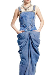 Women’s Denim Maxi Dress with Corset Waist & Ruched Asymmetrical Design