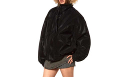 Women's Vintage Wash Faux Leather Padded Bomber Jacket Black
