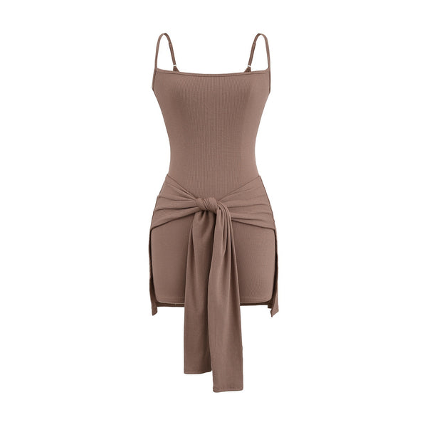 Khaki Women's Tie Knot Skort Romper Sleeveless Faux Wrap Belted Summer Jumpsuit