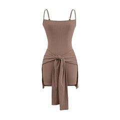 Khaki Women's Tie Knot Skort Romper Sleeveless Faux Wrap Belted Summer Jumpsuit