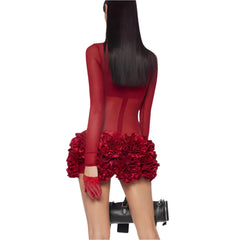 Women's Red Mock Neck Long Sleeve Sheer Mini Dress Elegant & Sexy Party Wear