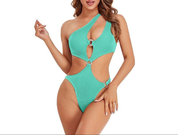 Light Green One-Shoulder Cutout Bikini Solid Color Oblique Swimsuit for Women