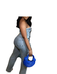 Women's Dark Wash Denim Corset Jumpsuit Set Sleeveless, Cut Out, Wide Leg