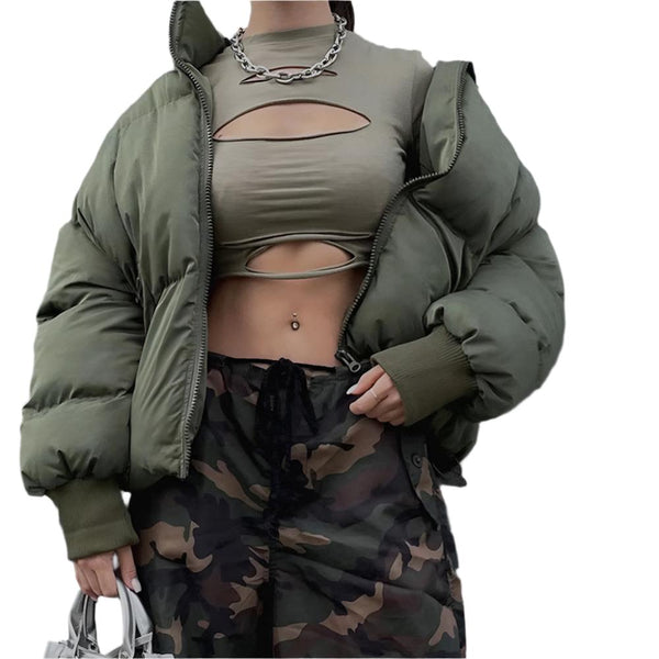 Retro Olive Green Women's Puffer Coat Cozy with Casual Flair