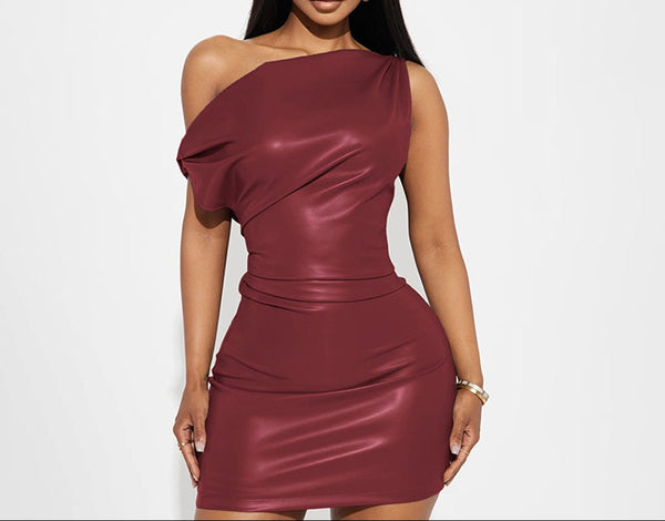 Red Faux Leather Ruched One-Shoulder Mini Dress
