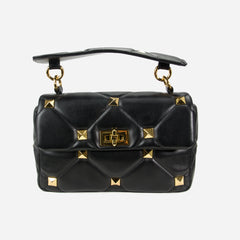 Black Luxe Glam Diamond Quilted Convertible Satchel Studded Shoulder Bag for Women