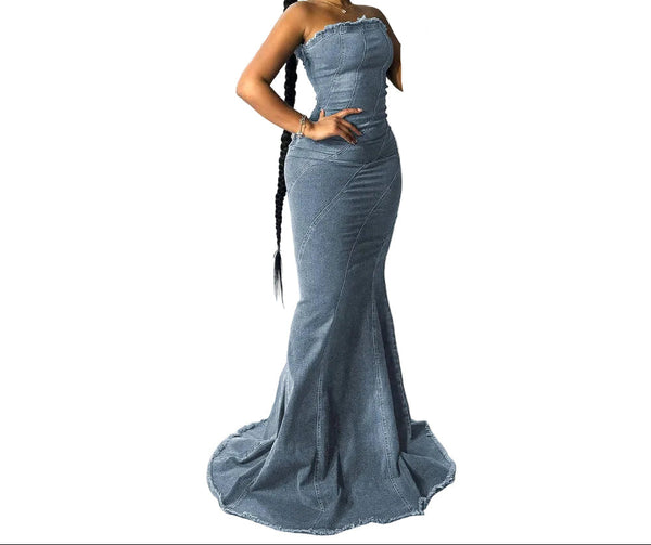 Plus Size Women’s Denim Bandeau Maxi Dress in Medium Blue, Strapless Fit