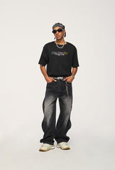 Men's Urban White Wave Wide Leg Denim Jeans