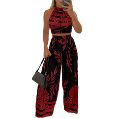 Red Women's Sleeveless Lined Tropical Pant Set – Vacation Night Outfit