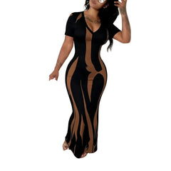 Black Women's  Chic Casual V-Neck Slim-Fit Short Sleeve Printed Midi Dress