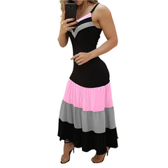 Pink Women's Coastal Color Block Maxi Dress – V-Neck Flowy Summer Beach Vacation Outfit