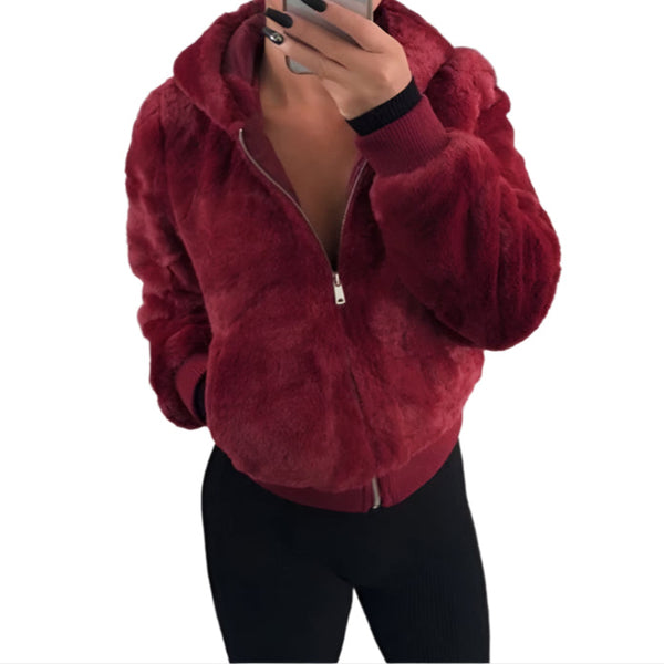 Cozy Women's Hooded Faux Fur Rabbit Plush Jacket