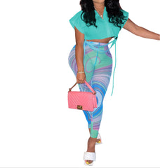 Women's Sheer Two Piece Pant Set Casual Summer Outfit with Crop Top & Front Knot