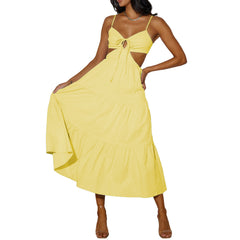 Yellow Backless V-Neck Midi Dress for Women Elegant Slit Cocktail Dress