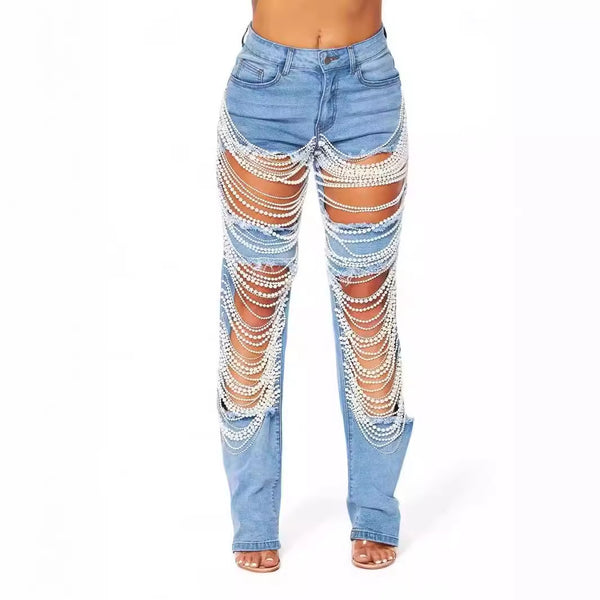 Light Blue Women's Distressed Ripped Jeans with  Pearls & Chain Accs.
