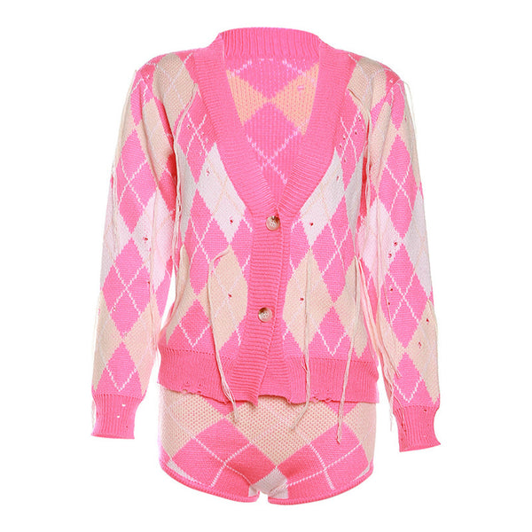 Women’s Pink Tassel Plaid Cardigan Top with Mini Short Set