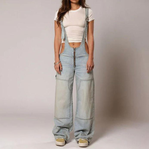 Light Blue Women's Loose Fit Denim Cargo Jumpsuit – Streetwear Style