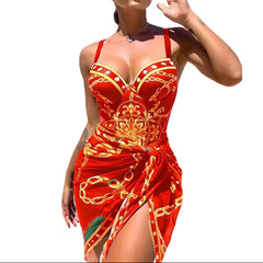 Red Women's One Piece Two Piece Bikini Set  Printed Slim Fashion Swimsuit Blouse Style