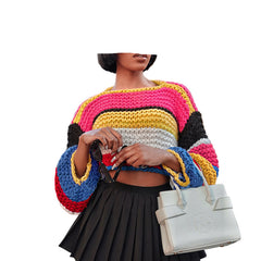 Women’s Fluffy Color Block Striped Knit Sweater  Cozy Pullover