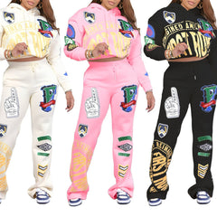 Chic Long-Sleeved Varsity Print Two-Piece Sweater Set - Fashionable & Comfortable
