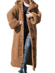 Khaki/ Brown Plus Size Women's Fall Chunky Knit Cardigan  Long Open Front Sweater, Solid Colors, Cozy & Stylish