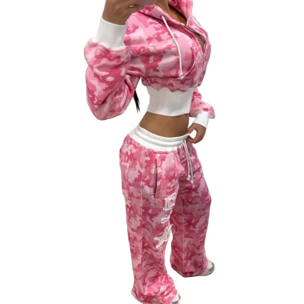 Pink Plus Size Women's Cute Camo Sweat Set Fall Hooded Lounge Set with Long Sleeve Top & Jogger Pants