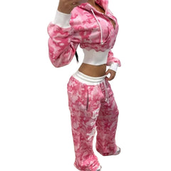 Pink Plus Size Women's Cute Camo Sweat Set Fall Hooded Lounge Set with Long Sleeve Top & Jogger Pants