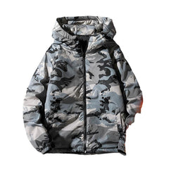 Gray Men's Camouflage Puffer Jacket  Insulated, Thick Down, Winter Ready for Hunting & Outdoor Style