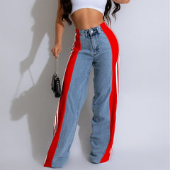 Fashion Casual High Waist Three Stripe Denim Wide Leg Pants