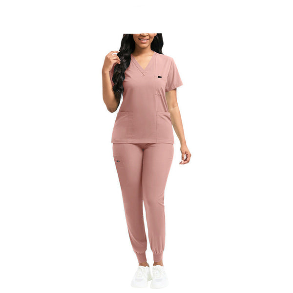Pink Essential Multi-Pocket V-Neck Scrub Set for Women - Top and Bottom
