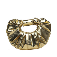 Gold Metallic Women's Trendy Oval Ruched Faux Leather Shoulder Stylish and Versatile Handbag 