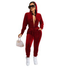 Affordable women's fashion online/Red Luxury Velvet Hooded someone Elegant & Comfortable jumpsuit Outfit