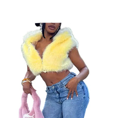 Cropped Faux Fur Jacket  Zip-Up Hooded Sleeveless Midriff-Baring Top