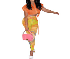 Women's Sheer Two Piece Pant Set Casual Summer Outfit with Crop Top & Front Knot