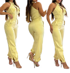 Yellow Women's 2-Piece Halter Neck Set – High Waist Pants & Top Summer Outfit