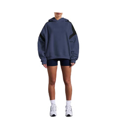 Women's Oversized Blue Fall Plus Size Fleece Lounge Hoodie Contrast Stripe Pullover Sweatshirt