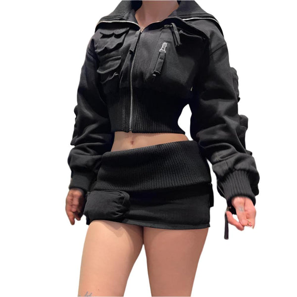 Women's Thread Flanging Cargo Cropped Mini Skirt Set Stylish Two-Piece Outfit