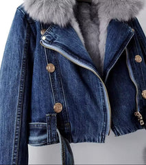 Women’s Moscow Denim Faux Fur Hooded Bomber Coat